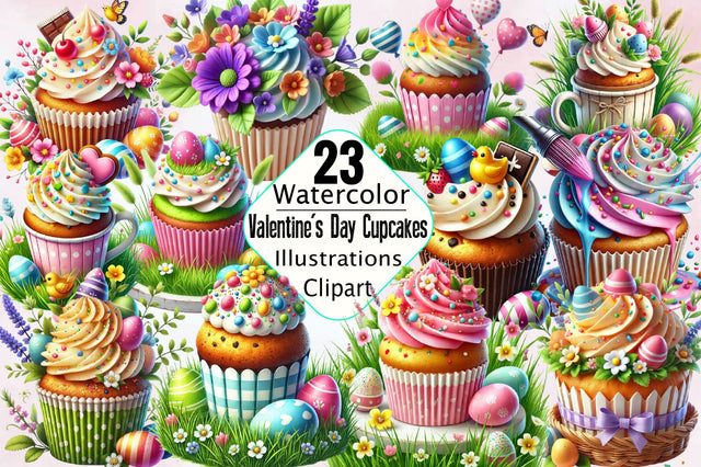Valentine's Day Cupcakes Sublimation Clipart Bundle Sublimation SVGArt 