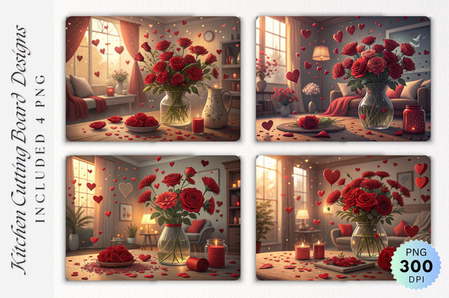 Valentine's Day Cutting Board with Cozy Red Flowers & Heart Confetti Sublimation Regulrcrative 