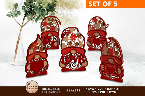 Valentine's Day Decorative Gnomes, Multilayer Template, Laser Cut Files SVG LaserCutano 