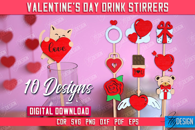 Valentine's Day Drink Stirrers Bundle | Cocktail Stirrers | Drinks Markers | Valentine's Signs | CNC File SVG Fly Design 