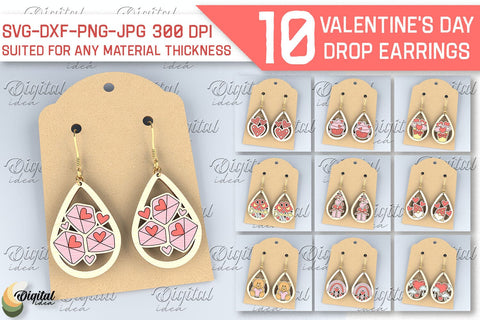 Valentine's Day Drop Earrings SVG Bundle. Wooden Earrings Laser Cut SVG Evgenyia Guschina 