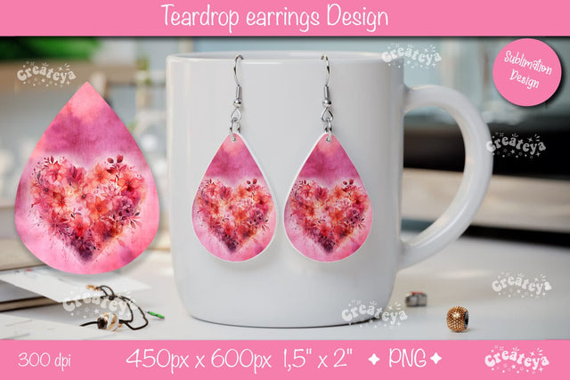 Valentine’s Day Earrings – Floral Heart Teardrop Sublimation PNG Sublimation Createya Design 