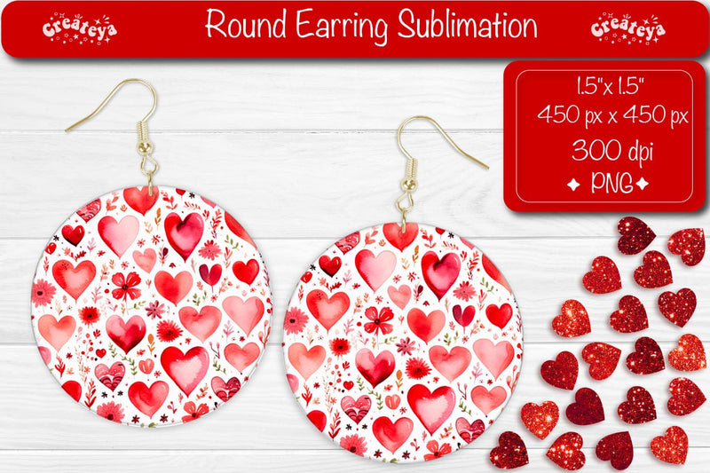 Valentine’s Day Earrings – Flower Hearts Round Art Printables Sublimation Createya Design 