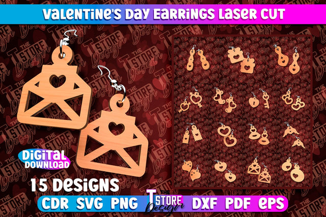 Valentine's Day Earrings Laser Cut Bundle | Accessories | Romantic Gift Idea | CNC Files SVG The T Store Design 