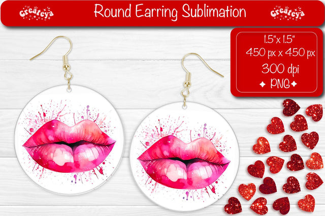 Valentines Day Earrings. Red Lips Round Sublimation Prints Sublimation Createya Design 