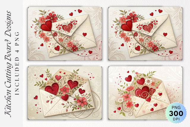 Valentine's Day Envelope with Hearts and Floral Decor Cutting Board Sublimation Regulrcrative 