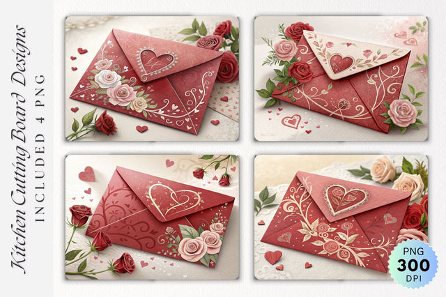 Valentine's Day Envelope with Hearts and Roses on Cutting Board Sublimation Regulrcrative 
