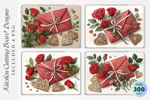 Valentine's Day Envelope with Roses and Wooden Hearts on Cutting Board Sublimation Regulrcrative 
