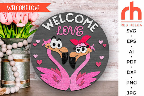 Valentine's Day Flamingo Door Sign SVG, February Hanger DXF SVG RedHelgaArt 