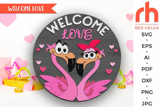 Valentine's Day Flamingo Door Sign SVG, February Hanger DXF SVG RedHelgaArt 