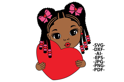 Valentine’s Day Girl Holding Red Heart SVG PNG JPG PDF DXF EPS AI Black Girl Clipart for Sublimation and Cricut Projects SVG 1uniqueminute 