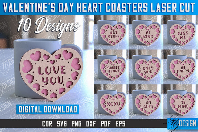Valentine's Day Heart Coasters | Laser Cutting File | CNC File SVG Fly Design 