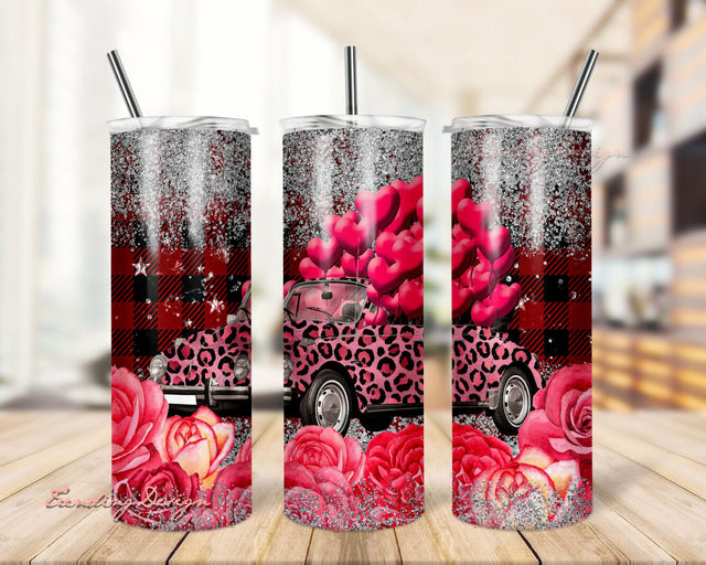 Valentine's Day Hearts Balloons Roses Van 20 oz Sublimation Tumbler Png, sublimation tumbler wrap Love Truck Hearts Sublimation TrendingDesign 