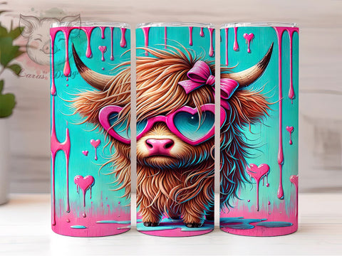 Valentines Day Highland Cow Tumbler, Valentines Day Gift, 20oz Tumbler Wrap, Cow Sublimation Design, Farmhouse Decor, Cute Cow Mug, Personalized Tumbler Sublimation Lara' s Designs 