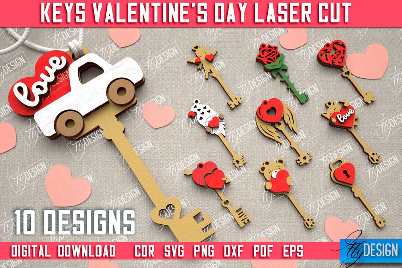 Valentine's Day Keys Bundle | Valentine's Day Symbols | Gift Idea | Keychain Design | CNC Files SVG Fly Design 
