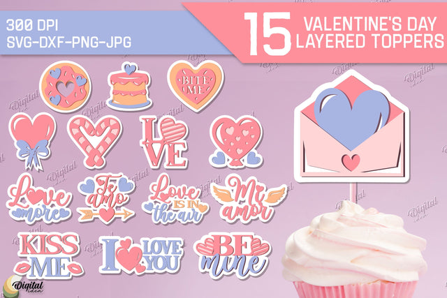 Valentine's Day layered toppers Bundle. Cake Toppers Paper Cut 3D Paper Evgenyia Guschina 