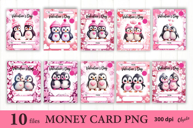 Valentines Day Money Card Bundle PNG. Pink Penguins Sublimation Sublimation Olga Terlyanskaya 