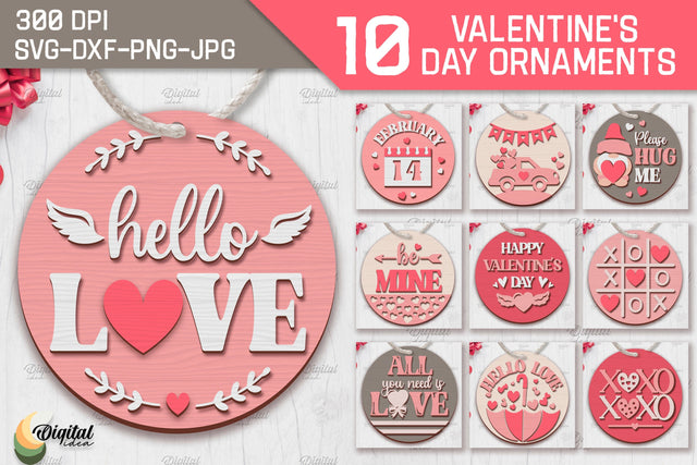 Valentine's Day Ornament SVG Bundle. Round Ornament Laser Cut SVG Evgenyia Guschina 