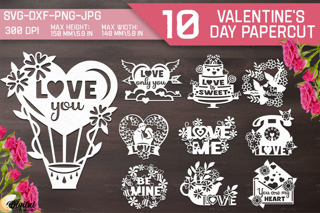 Valentine's Day Papercut Bundle. Valentine Love Quotes SVG 3D Paper Evgenyia Guschina 