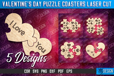 Valentine's Day Puzzle Coasters | Puzzle Laser Cut SVG Design | CNC File SVG Fly Design 