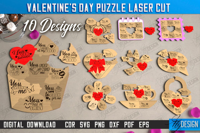 Valentine's Day Puzzle Laser Cut Bundle | Romantic Gift Idea | I love you because | CNC Files SVG Fly Design 
