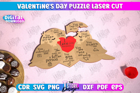 Valentine's Day Puzzle Laser Cut Bundle | Romantic Gift Idea | I love you because | CNC Files SVG The T Store Design 