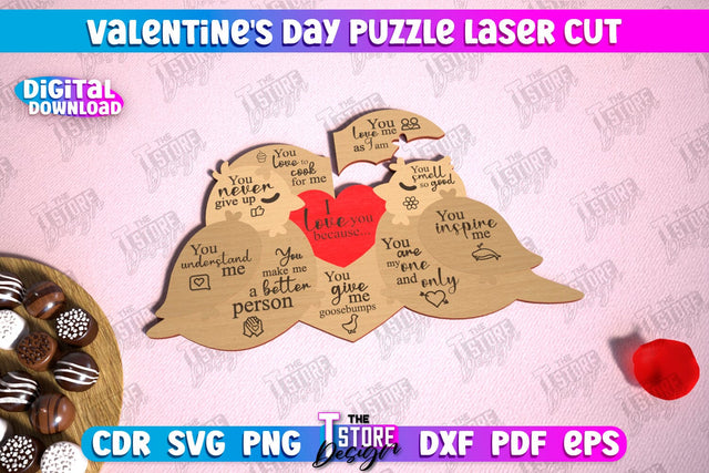 Valentine's Day Puzzle Laser Cut | Romantic Gift Idea | I love you because | CNC File SVG The T Store Design 