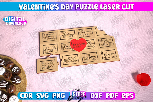 Valentine's Day Puzzle Laser Cut | Romantic Gift Idea | I love you because | CNC File SVG The T Store Design 