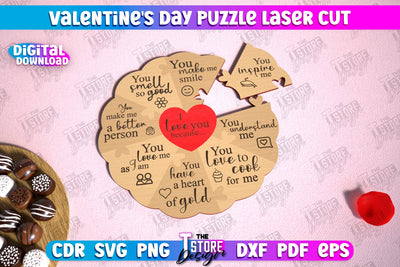 Valentine's Day Puzzle Laser Cut | Romantic Gift Idea | I love you because | CNC File SVG The T Store Design 