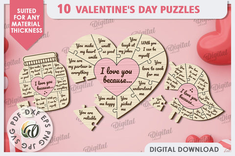 Valentine's Day Puzzles LaserCut Bundle. Valentines Gift SVG SVG Evgenyia Guschina 