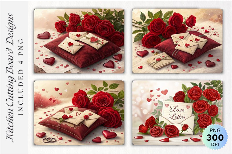 Valentine's Day Romance Love Letters, Roses and Red Hearts on a Cutting Board Sublimation Regulrcrative 