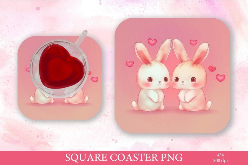 Valentines Day Square Coaster PNG. Pink Bunny PNG Sublimation Olga Terlyanskaya 