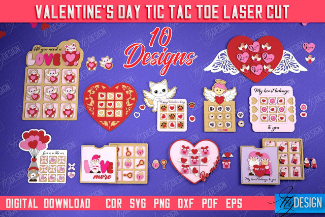 Valentine's Day Tic Tac Toe Bundle | Noughts and Crosses | Classic Board Game | CNC Files SVG Fly Design 