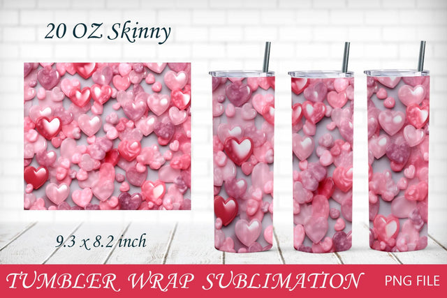 Valentines day tumbler wrap, 3d pink hearts sublimation design Sublimation AnastasiyaArtDesign 