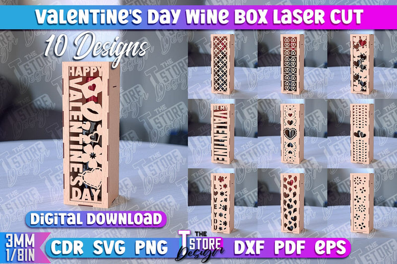 Valentine's Day Wine Box Bundle | Valentine's Gift Idea | 3D Wine Box Pattern | CNC Files SVG The T Store Design 