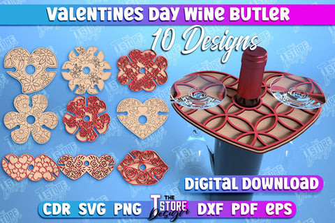 Valentines Day Wine Butler Laser Cut Bundle, Wine Caddy SVG, Wine Glass Bottle Holder, Valentine's Day Gift, Home Decor, Wine Box SVG The T Store Design 