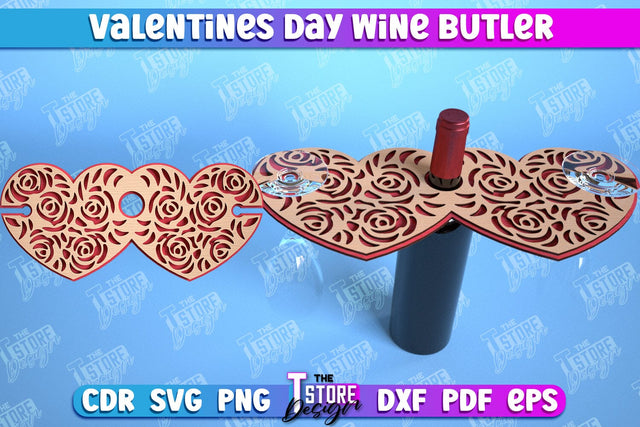 Valentines Day Wine Butler Laser Cut Design, Wine Caddy SVG, 3d Wine Glass Bottle Holder SVG The T Store Design 