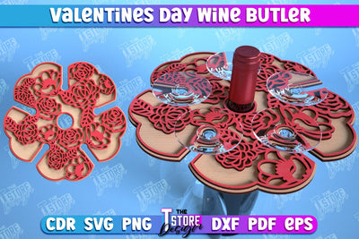 Valentines Day Wine Butler Laser Cut Design, Wine Caddy SVG, 3d Wine Glass Bottle Holder SVG The T Store Design 