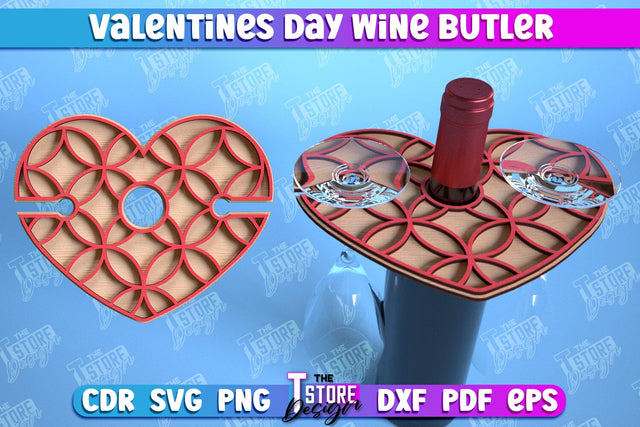 Valentines Day Wine Butler Laser Cut Design, Wine Caddy SVG, 3d Wine Glass Bottle Holder SVG The T Store Design 