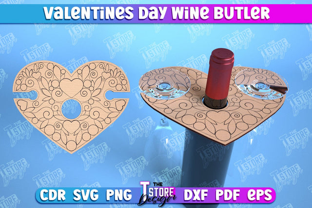 Valentines Day Wine Butler Laser Cut Design, Wine Caddy SVG, 3d Wine Glass Bottle Holder SVG The T Store Design 
