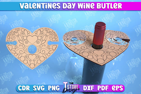 Valentines Day Wine Butler Laser Cut Design, Wine Caddy SVG, 3d Wine Glass Bottle Holder SVG The T Store Design 