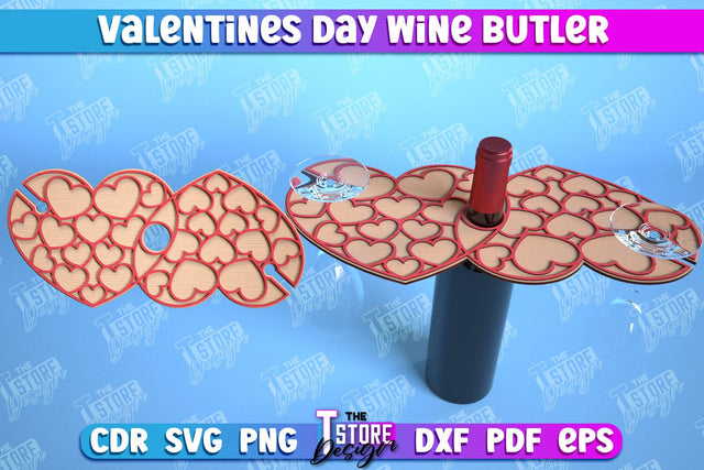 Valentines Day Wine Butler Laser Cut Design, Wine Caddy SVG, 3d Wine Glass Bottle Holder SVG The T Store Design 