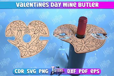 Valentines Day Wine Butler Laser Cut Design, Wine Caddy SVG, 3d Wine Glass Bottle Holder SVG The T Store Design 