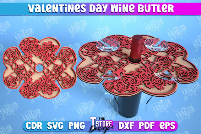 Valentines Day Wine Butler Laser Cut Design, Wine Caddy SVG, 3d Wine Glass Bottle Holder SVG The T Store Design 