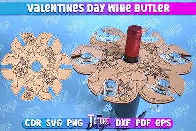 Valentines Day Wine Butler Laser Cut Design, Wine Caddy SVG, 3d Wine Glass Bottle Holder SVG The T Store Design 