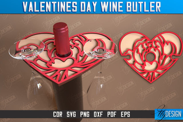 Valentines Day Wine Butler Laser Cut Design, Wine Caddy SVG, Wine Glass Bottle Holder SVG Fly Design 