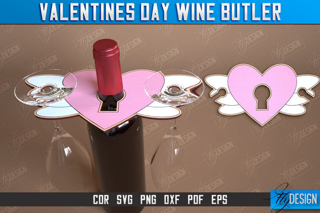 Valentines Day Wine Butler Laser Cut Design, Wine Caddy SVG, Wine Glass Bottle Holder SVG Fly Design 