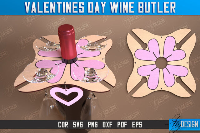 Valentines Day Wine Butler Laser Cut Design, Wine Caddy SVG, Wine Glass Bottle Holder SVG Fly Design 