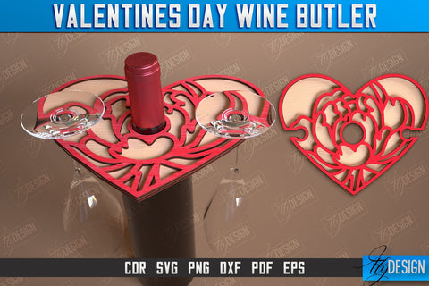 Valentines Day Wine Butler Laser Cut Design, Wine Caddy SVG, Wine Glass Bottle Holder SVG Fly Design 