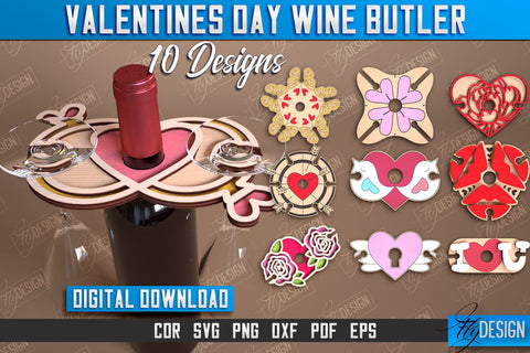 Valentines Day Wine Butler Laser Cut Design, Wine Caddy SVG, Wine Glass Bottle Holder SVG Fly Design 